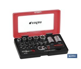 Set mini carraca, vasos y puntas 1/4 23 pcs.