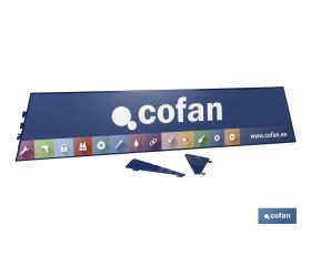 Cartela con logo Cofan expositor rincón
