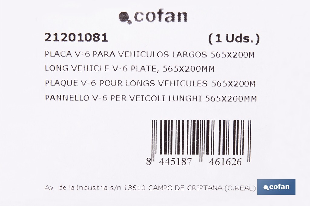 PLACA V-6 PARA VEHICULOS LARGOS 565X200MM.