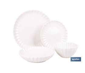 Vajilla de porcelana esmaltada de color blanco con diseño en relieve | Set de 16 piezas | Apta para lavavajillas, microondas y horno