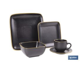 Vajilla de cerámica cuadrada en color negro con borde vintage | Set de 20 piezas | Apta para lavavajillas, microondas y horno