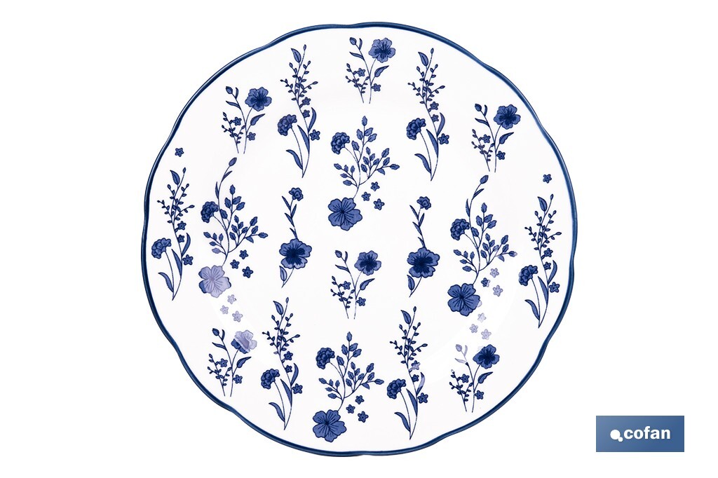 VAJILLA DE PORCELANA CON DETALLE FLORAL AZUL ESMALTADO DE FORMA IRREGULAR 18 PIEZAS