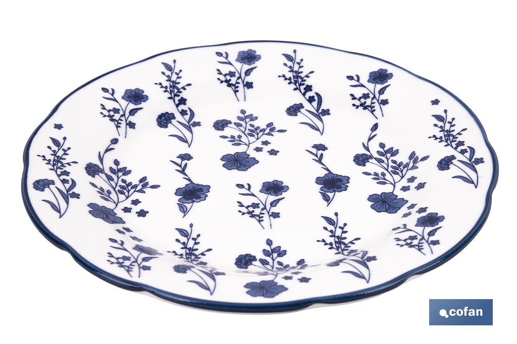 VAJILLA DE PORCELANA CON DETALLE FLORAL AZUL ESMALTADO DE FORMA IRREGULAR 18 PIEZAS