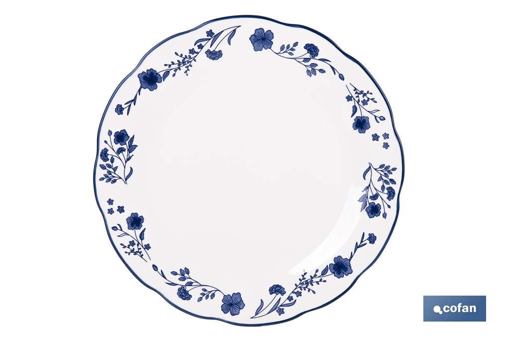 VAJILLA DE PORCELANA CON DETALLE FLORAL AZUL ESMALTADO DE FORMA IRREGULAR 18 PIEZAS