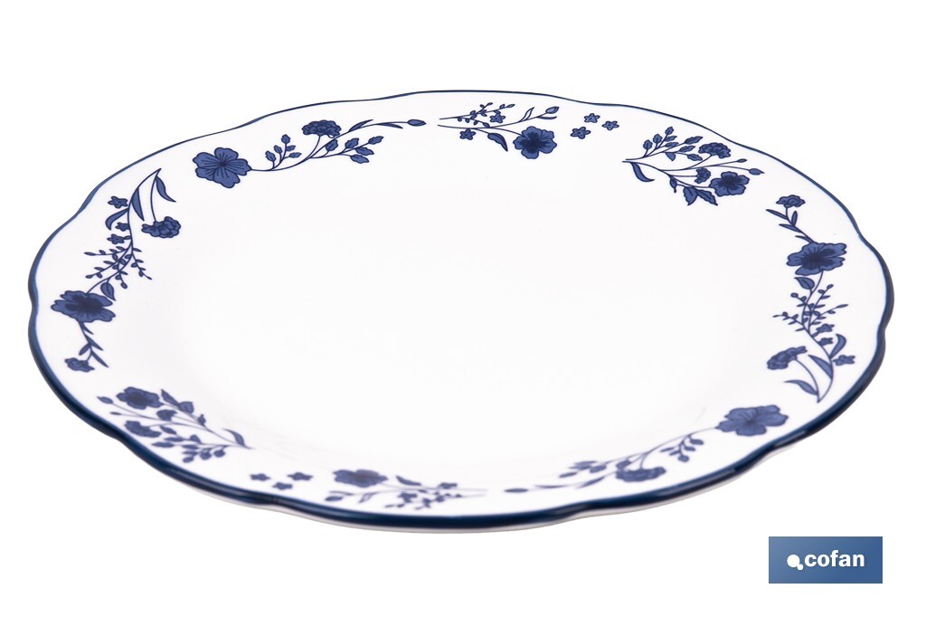 VAJILLA DE PORCELANA CON DETALLE FLORAL AZUL ESMALTADO DE FORMA IRREGULAR 18 PIEZAS