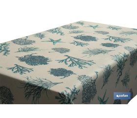 Rollo de mantel resinado con estampado digital | Diseño con elementos del mar | 50 % algodón y 50 % poliéster | Medidas: 1,40 x 20 m