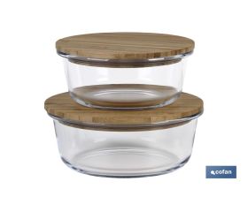 Set de 2 Fiambreras Redondas de Borosilicato | Modelo Bambú | Tapa de Bambú | Capacidad 620-950 ml