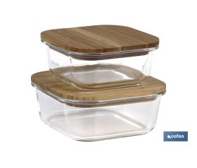 Set de 2 Fiambreras Cuadradas de Borosilicato | Modelo Bambú | Tapa de Bambú | Capacidad 520-800 ml