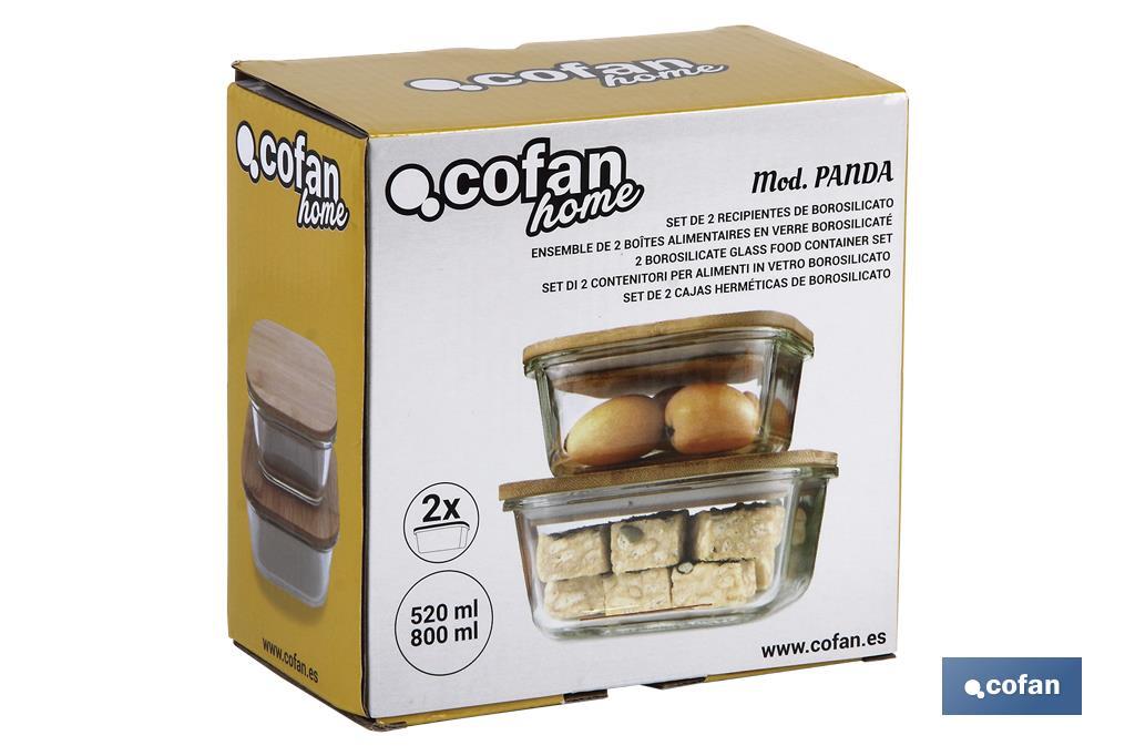 SET DE 2 RECIPIENTES DE BOROSILICATO CON TAPA DE BAMBÚ MODELO PANDA 520 ML - 800 ML