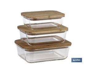 Set de 3 Fiambreras Rectangulares de Borosilicato | Modelo Bambú | Tapa de Bambú | Capacidad 640-1040-1520 ml