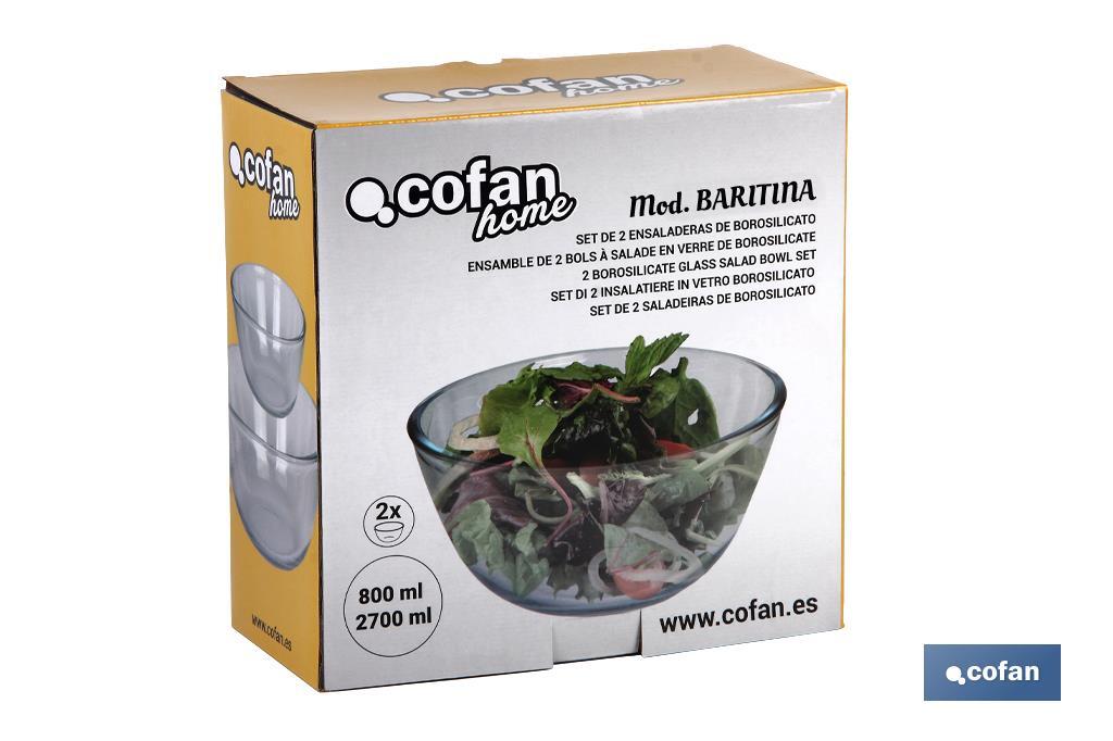 SET DE 2 ENSALADERAS DE VIDRIO BOROSILICATO MODELO BARITINA 800 ML - 2700 ML