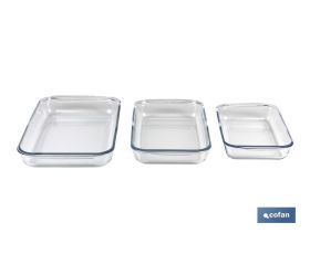 Set de 3 fuentes rectangulares de borosilicato Modelo Baritina I Capacidad: 1600 ml - 2200 ml - 3000 ml