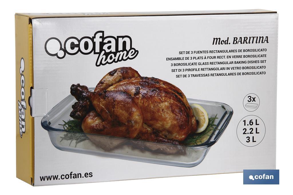 SET DE 3 FUENTES RECTANGULARES DE VIDRIO BOROSILICATO MODELO BARITINA 1600ML-2200ML-3000ML