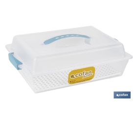 Tartera rectangular en color azul | Incluye asa y tapa | Medidas: 38 x 28 x 13 cm