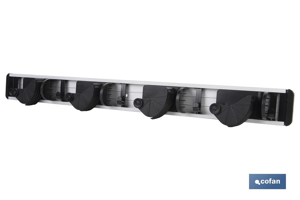 ORGANIZADOR DE ESCOBAS CON 4 ESPACIOS AJUSTABLES  Y 5 GANCHOS