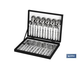 Cubertería | Modelo Bari | Fabricado en Acero Inox 18/0 | Juego de 24 pcs | Incluye estuche negro de madera
