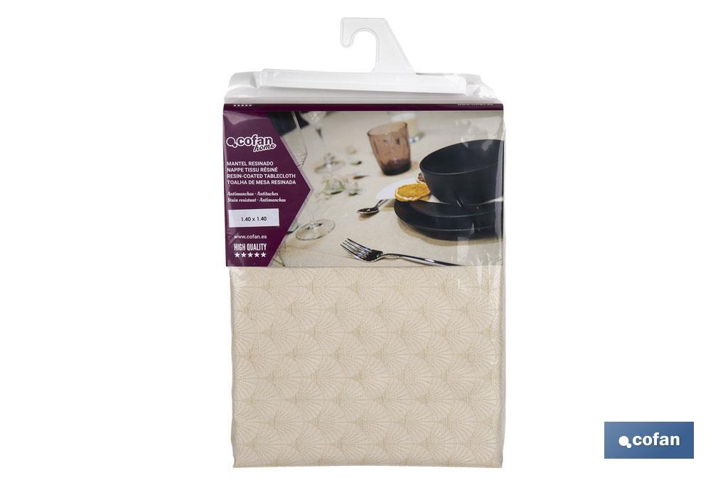 MANTEL ANTIMANCHAS RESINADO CONFECCIONADO 1,40 X 1,40 M 50% PES 45% CO 5% LUREX LINEAS DE ORO