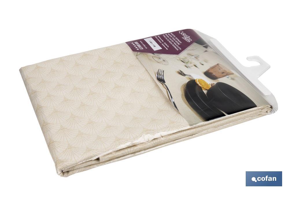 MANTEL ANTIMANCHAS RESINADO CONFECCIONADO 1,40 X 1,40 M 50% PES 45% CO 5% LUREX LINEAS DE ORO