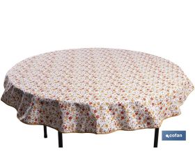 Mantel redondo antimanchas resinado con estampado de florecillas | Materiales: 50% algodón y 50% poliéster | Diámetro: 1,40 m