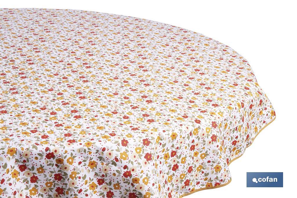 MANTEL REDONDO FLORECITA ANTIMANCHAS RESINADO CONFECCIONADO 50% ALGODÓN 50% POLIESTER 1,40 M