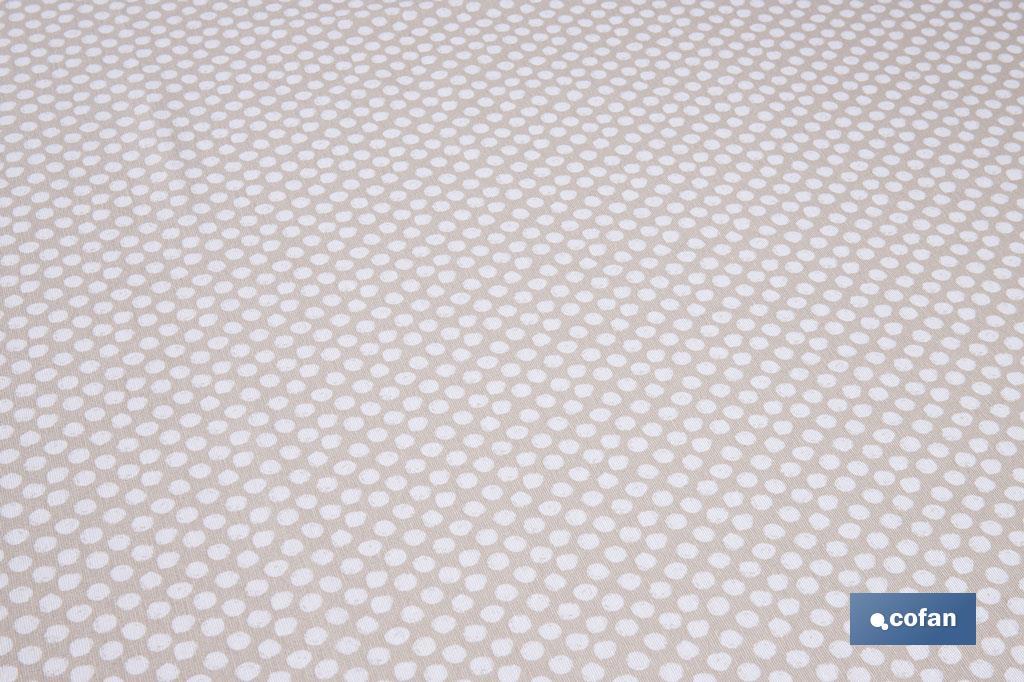 MANTEL REDONDO TOPOS BLANCOS  ANTIMANCHAS RESINADO CONFECCIONADO 50% ALGODÓN 50% POLIESTER 1,40 M