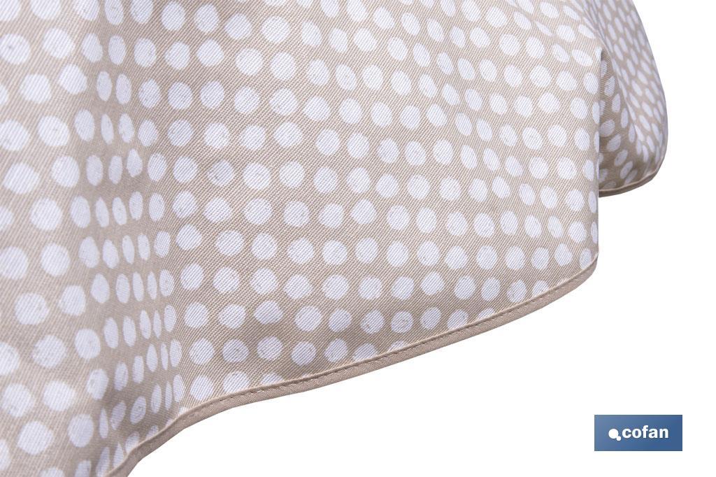 MANTEL REDONDO TOPOS BLANCOS  ANTIMANCHAS RESINADO CONFECCIONADO 50% ALGODÓN 50% POLIESTER 1,40 M