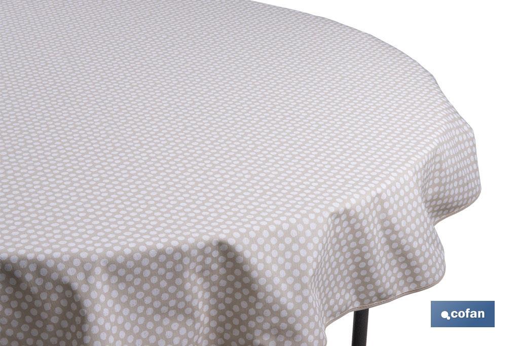MANTEL REDONDO TOPOS BLANCOS  ANTIMANCHAS RESINADO CONFECCIONADO 50% ALGODÓN 50% POLIESTER 1,40 M