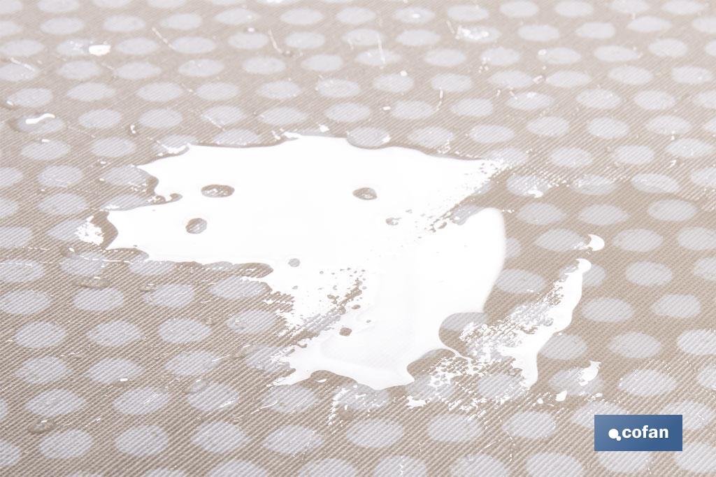 MANTEL REDONDO TOPOS BLANCOS  ANTIMANCHAS RESINADO CONFECCIONADO 50% ALGODÓN 50% POLIESTER 1,40 M