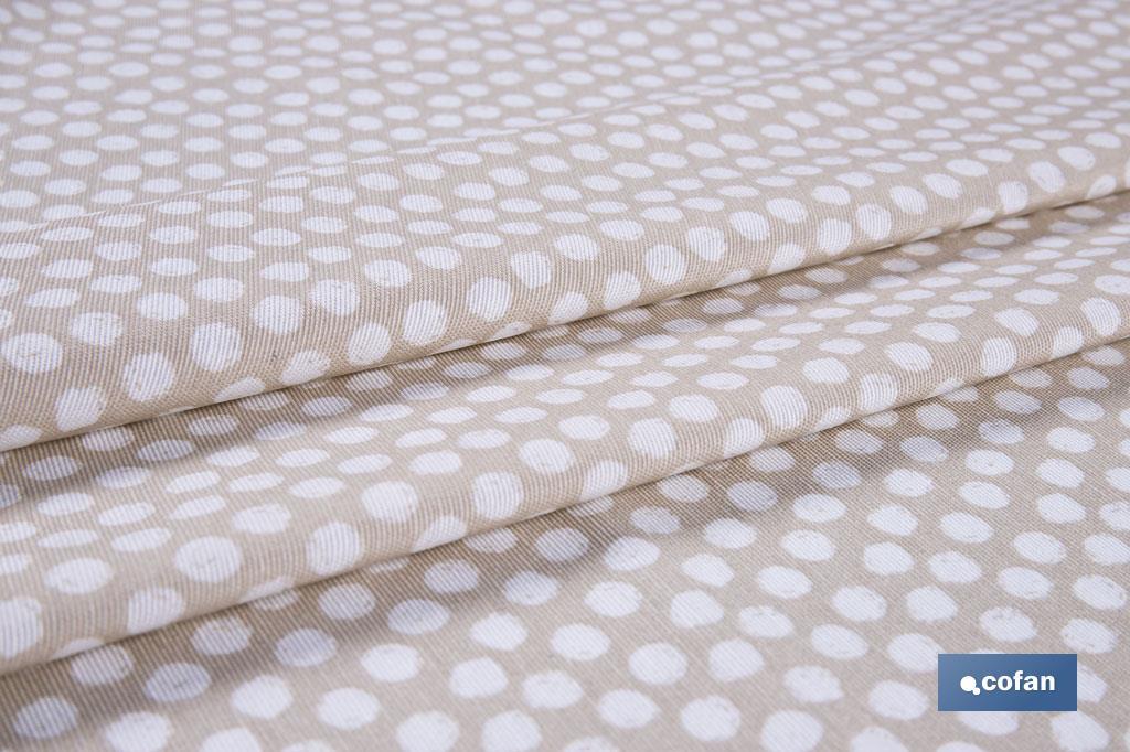 MANTEL REDONDO TOPOS BLANCOS  ANTIMANCHAS RESINADO CONFECCIONADO 50% ALGODÓN 50% POLIESTER 1,40 M