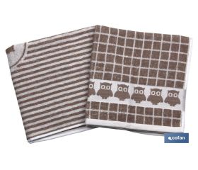 Pack de 2 paños de cocina | Medida 50 x 50 cm | Color tostado con estampado | Modelo Garnacha
