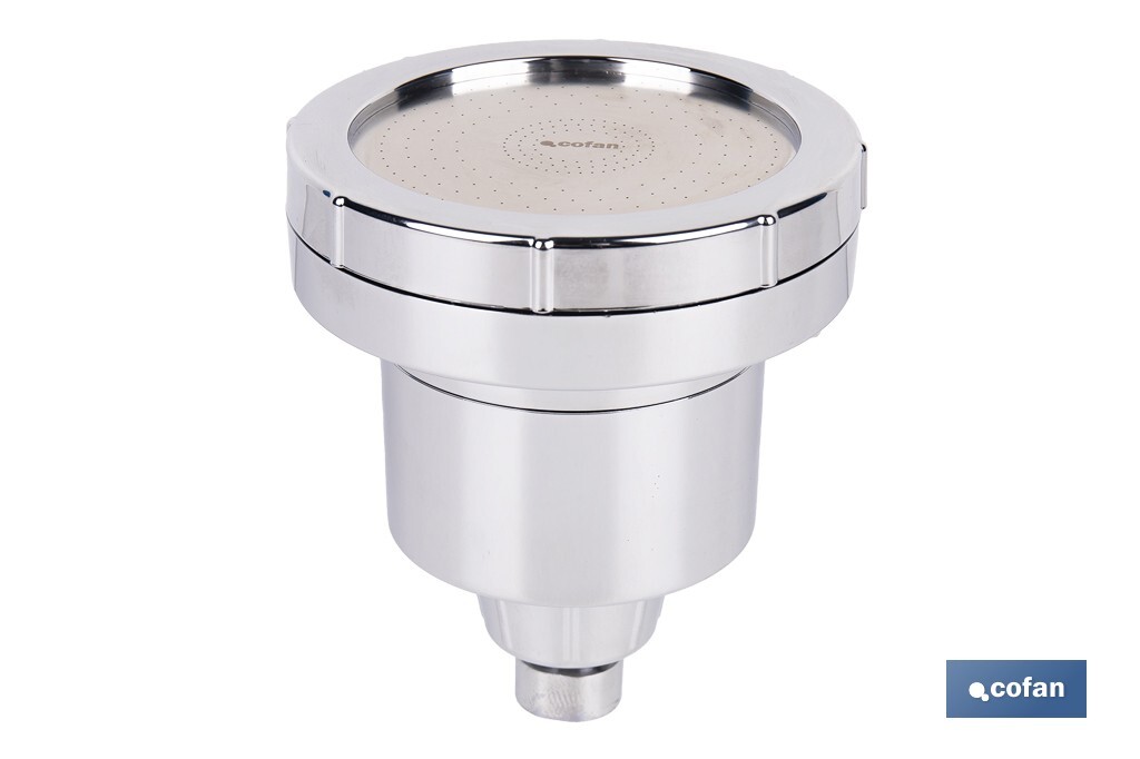 ROCIADOR DE DUCHA CON 15 FILTROS COLOR INOX. 11,5 X 13,5 CM
