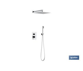 Conjunto de ducha empotrada con diseño cuadrado y acabado cromado | Ducha monomando 2 vías | Instalación en la pared | Rociador con 2 funciones