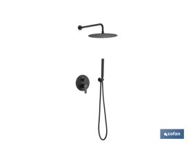 Conjunto de ducha empotrada con diseño redondo y acabado en negro mate | Ducha monomando 2 vías | Instalación en la pared | Rociador con 2 funciones