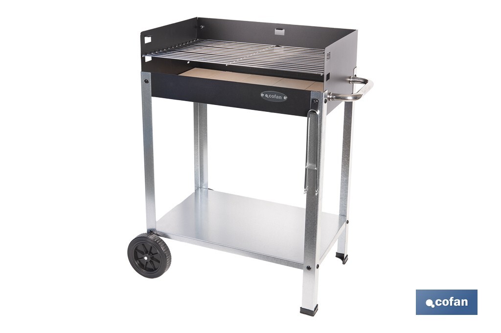 Barbacoa de carbón con ruedas | Parrilla regulable | Ladrillo refractario | Fácil de transportar y estable | Medidas: 56,7 x 36 x 83 cm
