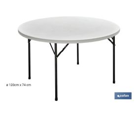 Mesa plegable redonda de color blanco | Peso máximo: 150 kg | Adecuada para 8 personas | Medidas abierta: Ø120 x 74 cm