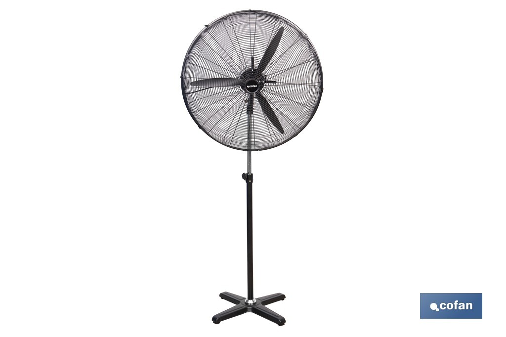 Ventilador industrial de pie con 3 velocidades en color negro | Potencia: 200 W | Gran caudal de aire | Oscilación 80° | Medidas: 81 x 81 x 189 cm