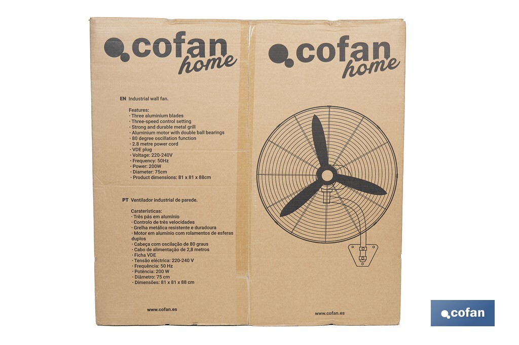 VENTILADOR INDUSTRIAL DE PARED NEGRO Ø75 CM 200 W