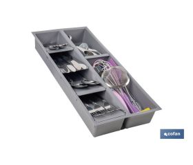 Organizador de cubiertos con separadores para cajón | Cubertero con 7 compartimentos y separadores modulares | Color: gris | Material: polipropileno