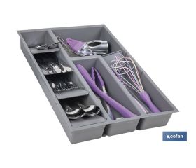 Organizador de cubiertos con separadores para cajón | Cubertero con 8 compartimentos y separadores modulares | Color: gris | Material: polipropileno