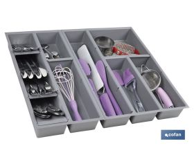 Organizador de cubiertos con separadores para cajón | Cubertero con 11 compartimentos y separadores modulares | Color: gris | Material: polipropileno