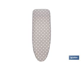 Funda acolchada para tabla de planchar | Tamaño universal | Estampado de lunares blancos y fondo gris | Material: 100 % algodón | Refleja el vapor | Medidas: 135 x 53 cm