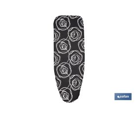 Funda acolchada para tabla de planchar | Tamaño universal con 3 capas | Estampado de rosas negras | Material: 100 % algodón | Refleja el vapor | Medidas: 135 x 53 cm