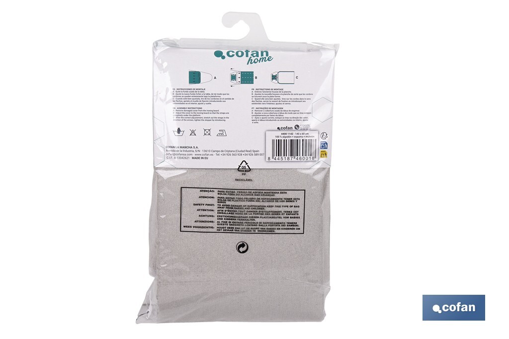 FUNDA ACOLCHADA PARA TABLA DE PLANCHAR 140 X 60 CM GRIS METALIZADO