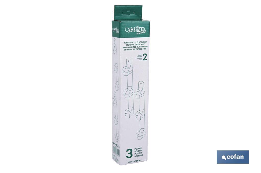 TENDEDERO FIJO DE PARED BLANCO DE DOS PIEZAS CON 3 POLEAS 31 X 6.5 X 2.5 CM