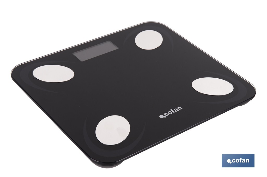 BÁSCULA DE BAÑO DIGITAL NEGRA CON PANTALLA LCD USB MEDICIÓN IMC DE GRASA VISCERAL 30 X 26.5 X 2,2 CM