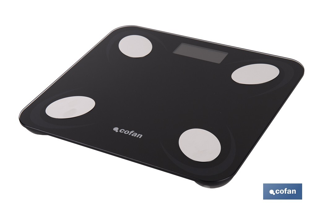BÁSCULA DE BAÑO DIGITAL NEGRA CON PANTALLA LCD USB MEDICIÓN IMC DE GRASA VISCERAL 30 X 26.5 X 2,2 CM
