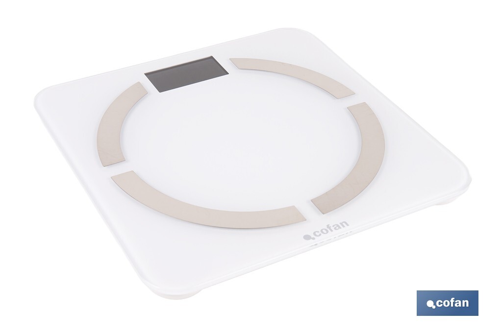 BÁSCULA DE BAÑO  DIGITAL  BLANCA CON PANTALLA LCD USB MEDICIÓN IMC DE GRASA VISCERAL 30 X 30 X 2,2 CM