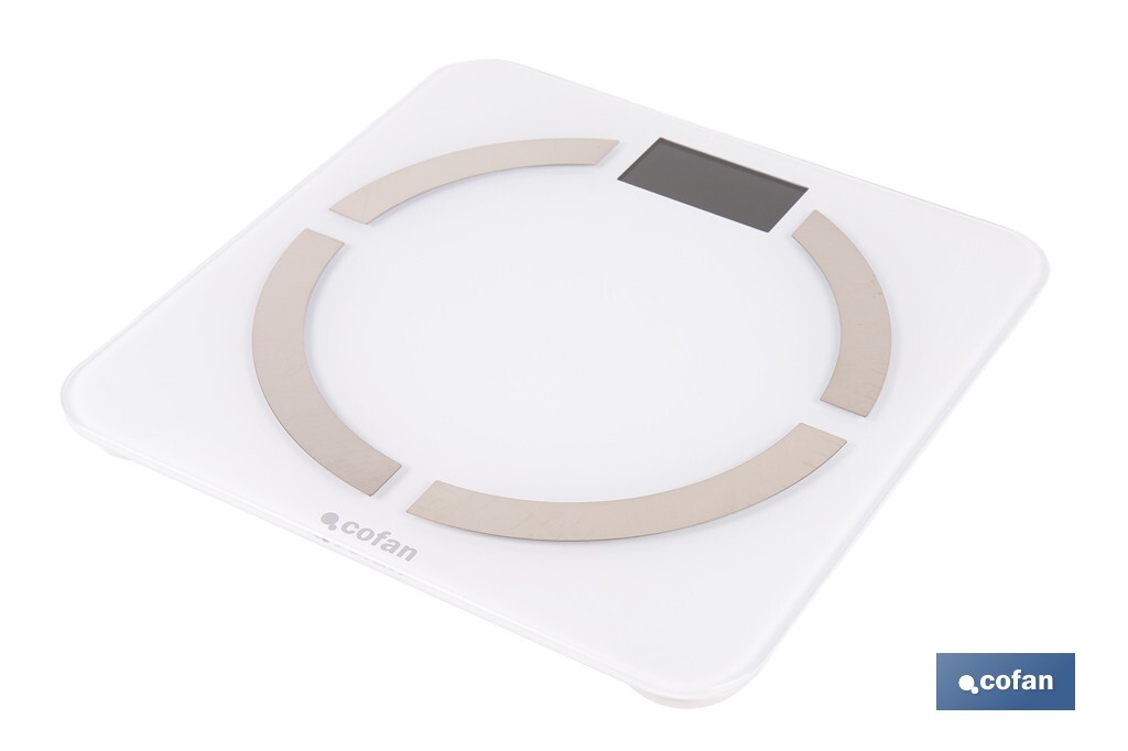 BÁSCULA DE BAÑO  DIGITAL  BLANCA CON PANTALLA LCD USB MEDICIÓN IMC DE GRASA VISCERAL 30 X 30 X 2,2 CM