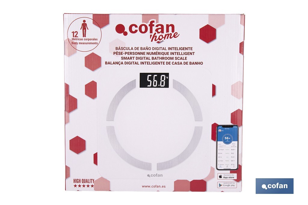 BÁSCULA DE BAÑO  DIGITAL  BLANCA CON PANTALLA LCD USB MEDICIÓN IMC DE GRASA VISCERAL 30 X 30 X 2,2 CM