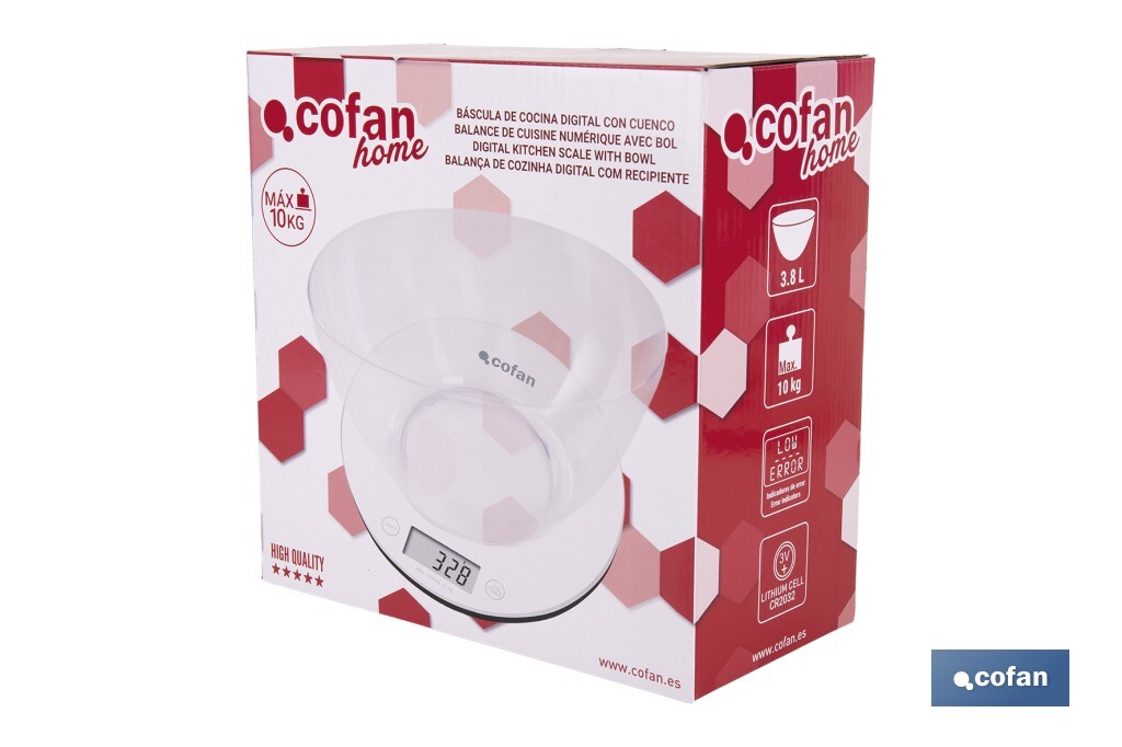 BÁSCULA DE COCINA DIGITAL CON CUENCO DE CAPACIDAD 3,8 L 10 KILOS 25,5 X 14 CM